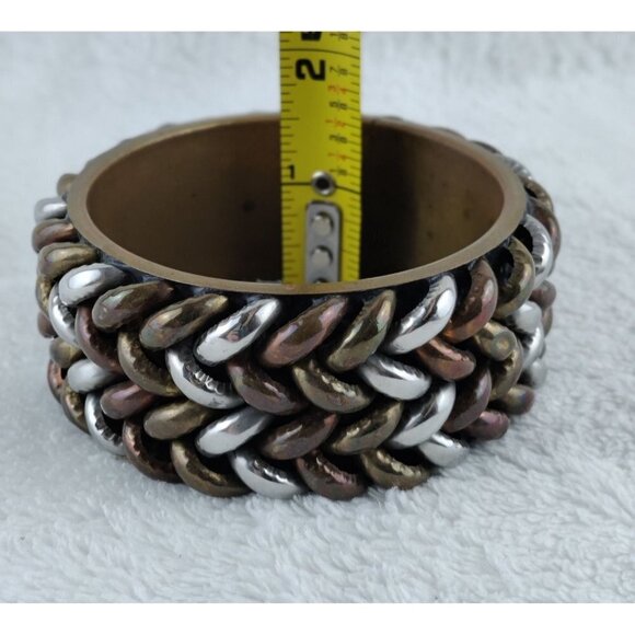 Vintage Brass Bracelet Bangle Three Metal Colors Brass Silver Copper Braid Jewel - Picture 9 of 9
